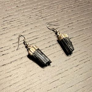 Black tourmaline stone drop earrings silver